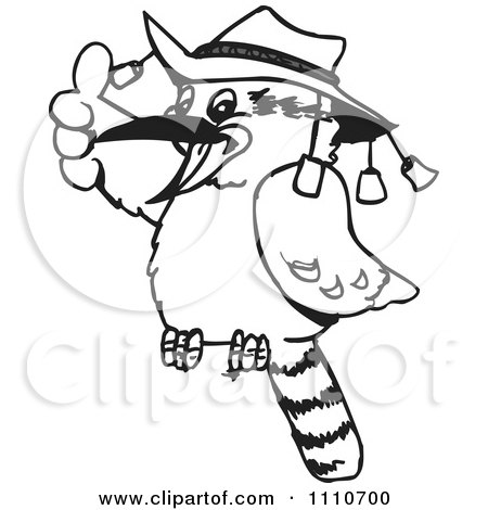 Clipart Black And White Aussie Kookaburra Wearing A Hat And Holding A Thumb Up - Royalty Free Vector Illustration by Dennis Holmes Designs