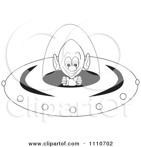 Clipart Black And White Alien Operating The Controls Of A Flying Saucer - Royalty Free Vector Illustration by Dennis Holmes Designs