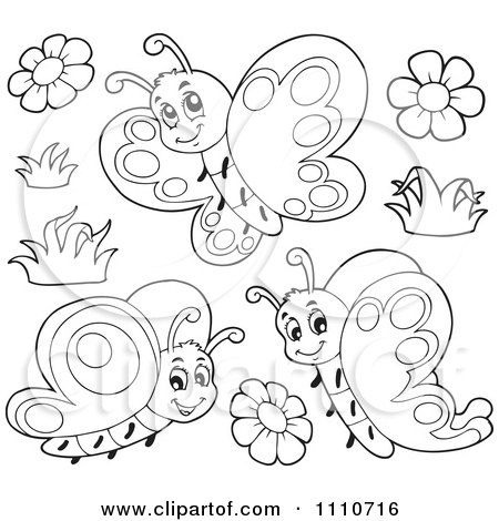 Clipart Outlined Butterflies With Flowers And Grass - Royalty Free Vector Illustration by visekart