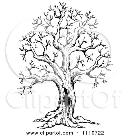Clipart Black And White Sketched Hollow Bare Tree - Royalty Free Vector Illustration by visekart