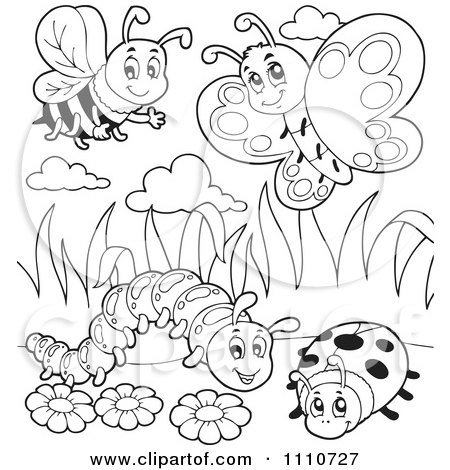 Clipart Outlined Bee Butterfly Caterpillar And Ladybug - Royalty Free Vector Illustration by visekart