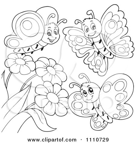Clipart Outlined Butterflies With Flowers - Royalty Free Vector Illustration by visekart