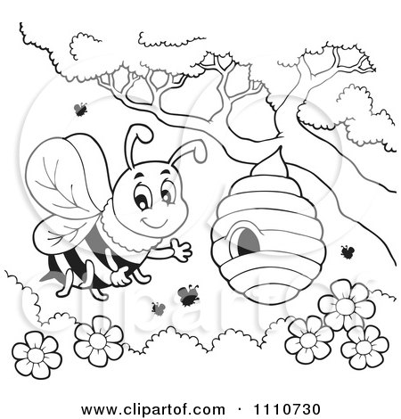 Clipart Outlined Bee Waving By A Hive - Royalty Free Vector Illustration by visekart