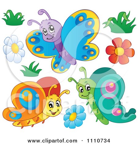 Clipart Three Happy Butterflies With Grass And Flowers - Royalty Free Vector Illustration by visekart