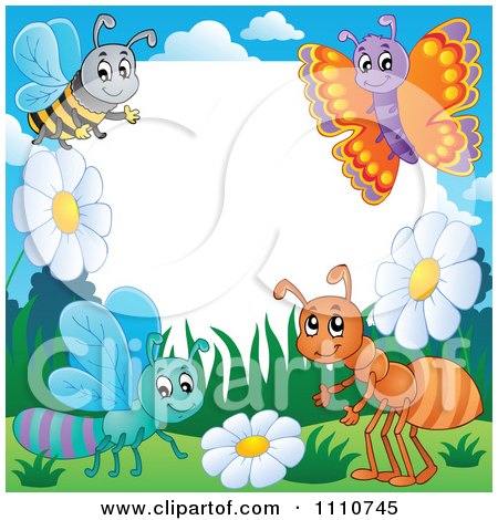 Clipart Blank Copyspace Bordered With A Bee Butterfly Dragonfly And Ant - Royalty Free Vector Illustration by visekart