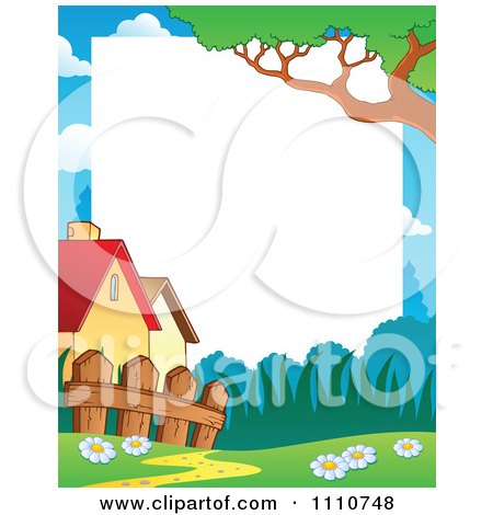 Clipart Blank Copyspace Bordered With Houses A Fence And Trail - Royalty Free Vector Illustration by visekart
