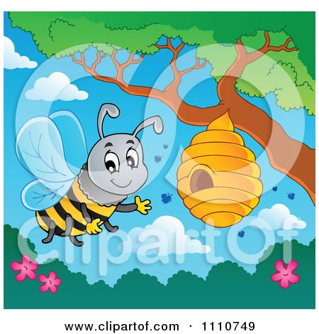 Clipart Friendly Bee Waving By A Hive On A Tree - Royalty Free Vector Illustration by visekart