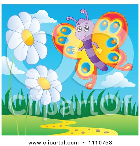 Clipart Happy Butterfly With Daisies - Royalty Free Vector Illustration by visekart