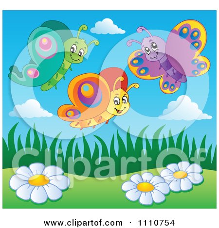 Clipart Three Happy Butterflies Over Daisies - Royalty Free Vector Illustration by visekart