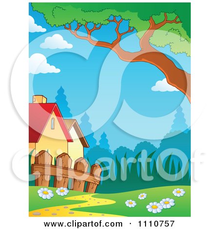 Clipart Houses With A Fence And Trail - Royalty Free Vector Illustration by visekart
