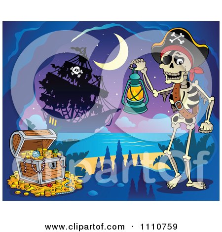 Clipart Booty Treasure Chest With A Skeleton Pirate In A Cave And Ship In The Distance - Royalty Free Vector Illustration by visekart
