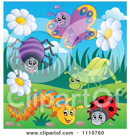 Clipart Happy Spider Butterfly Grasshopper Caterpillar And Ladybug With Flowers And Grass - Royalty Free Vector Illustration by visekart