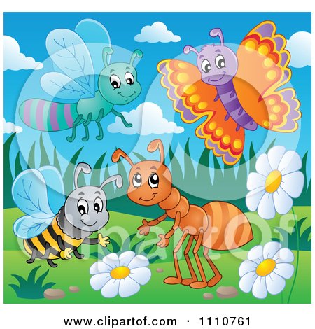 Clipart Happy Dragonfly Butterfly Bee And Ant With Flowers And Grass - Royalty Free Vector Illustration by visekart