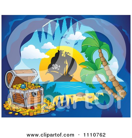 Clipart Booty Treasure Chest In A Tropical Cave And Ship In The Distance - Royalty Free Vector Illustration by visekart