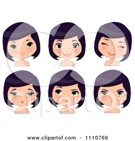 Clipart Black Haired Girl Shown With Different Expressions - Royalty Free Vector Illustration by Melisende Vector