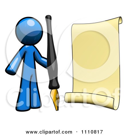 Clipart Register Blue Guy With A Scroll And Pen - Royalty Free CGI Illustration by Leo Blanchette