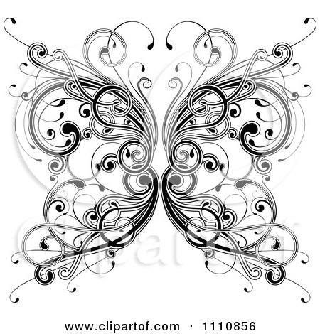 Clipart Ornate Black And White Floral Butterfly - Royalty Free Vector Illustration by OnFocusMedia