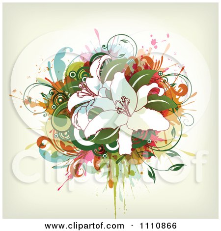 Clipart White Lilies Over Grunge And Vines - Royalty Free Vector Illustration by OnFocusMedia