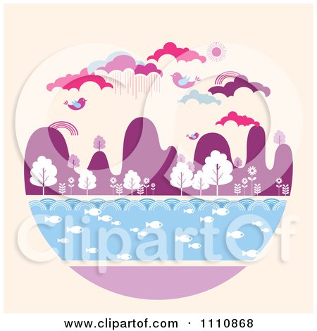 Clipart Circle Landscape With Fish In Water Trees Mountains Birds And Clouds - Royalty Free Vector Illustration by OnFocusMedia