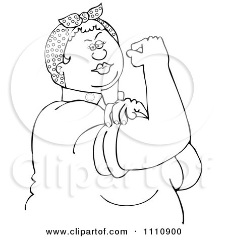 Clipart Outlined Chubby Rosie The Riveter Flexing Her Strong Muscles - Royalty Free Vector Illustration by djart