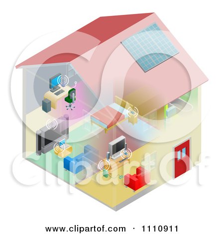Clipart Networking And Wireless Items In A House - Royalty Free Vector Illustration by AtStockIllustration