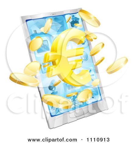 Clipart 3d Cell Phone With A Gold Euro Symbol And Coins Bursting From The Screen - Royalty Free Vector Illustration by AtStockIllustration