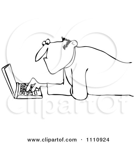 Clipart Outlined Man Propped Up On His Elbows And Using A Laptop On The Floor - Royalty Free Vector Illustration by djart
