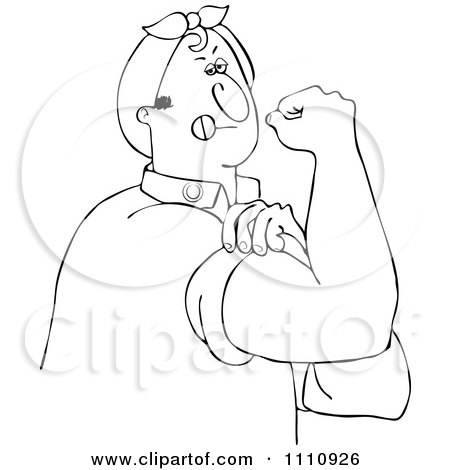 Clipart Outlined Chubby Rosie The Riveter Man Flexing His Muscles - Royalty Free Vector Illustration by djart