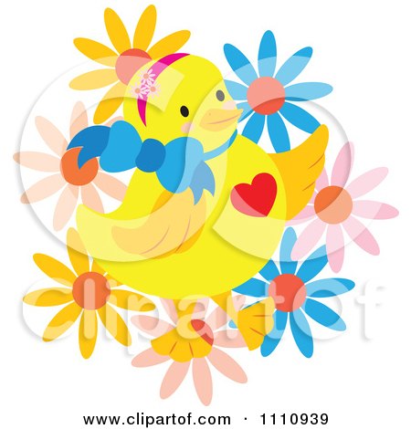 Clipart Happy Chick With A Heart Bow And Flowers - Royalty Free Vector Illustration by Cherie Reve