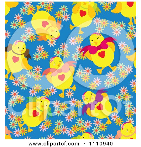 Clipart Seamless Pattern Background Of Chicks And Flowers On Blue - Royalty Free Vector Illustration by Cherie Reve