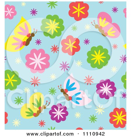 Clipart Seamless Pattern Background Of Spring Flowers And Butterflies On Blue - Royalty Free Vector Illustration by Cherie Reve