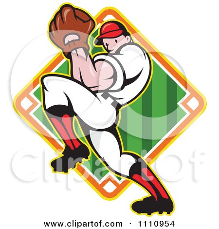 Clipart Baseball Player Pitching Over A Field Diamond - Royalty Free Vector Illustration by patrimonio