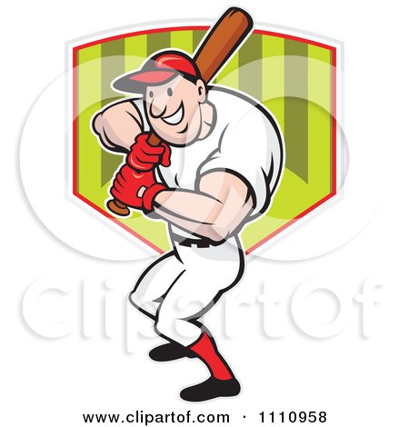 Clipart Happy Baseball Player Batting Over A Shield 1 - Royalty Free Vector Illustration by patrimonio