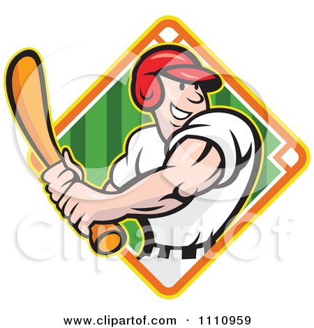 Clipart Happy Baseball Player Batting Over A Field Diamond 2 - Royalty Free Vector Illustration by patrimonio