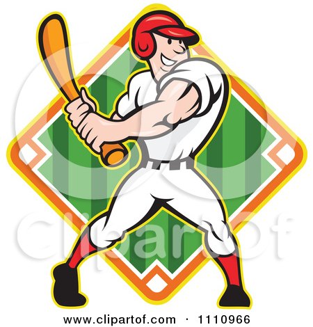 Clipart Happy Baseball Player Batting Over A Field Diamond 1 - Royalty Free Vector Illustration by patrimonio
