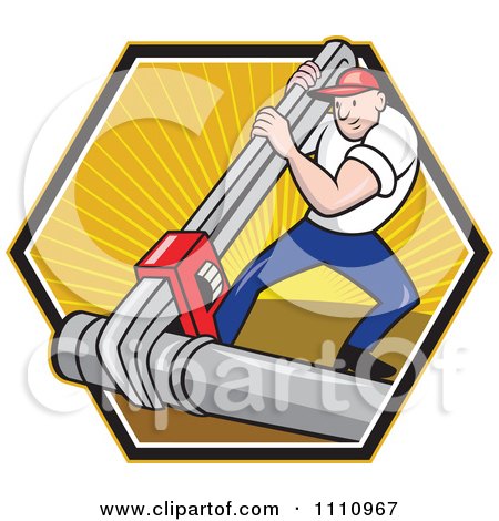 Clipart Retro Plumber Using A Giant Monkey Wrench On A Pipe Over A Hexagon Of Rays - Royalty Free Vector Illustration by patrimonio