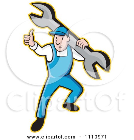 Clipart Retro Plumber Holding A Thumb Up And Carrying A Wrench - Royalty Free Vector Illustration by patrimonio