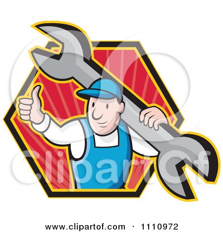 Clipart Retro Plumber Holding A Thumb Up And Wrench In A Hexagon - Royalty Free Vector Illustration by patrimonio