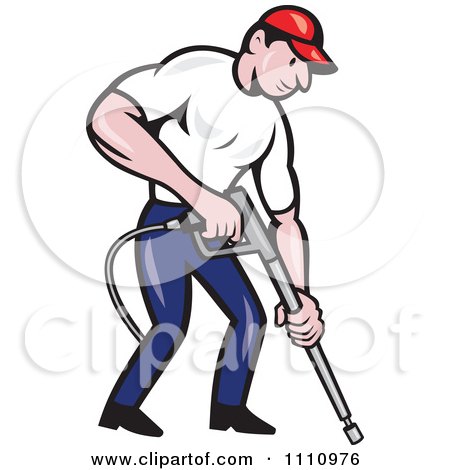 Clipart Retro Pressure Washer Worker Pointing A Nozzle - Royalty Free Vector Illustration by patrimonio