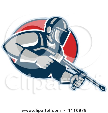 Clipart Retro Pressure Washer Worker Over A Red Circle - Royalty Free Vector Illustration by patrimonio