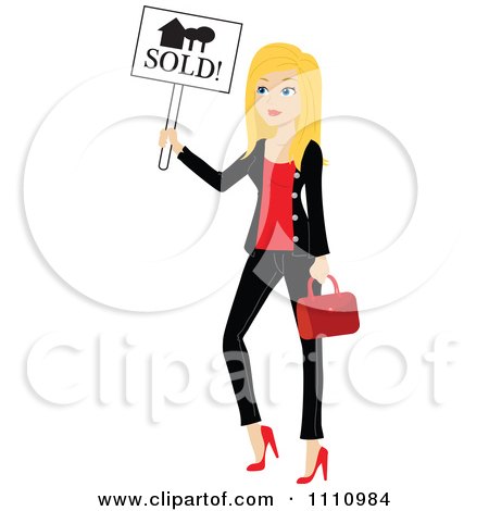 Clipart Stylish Blond Real Estate Agent Holding A Sold Sign - Royalty Free Vector Illustration by Rosie Piter