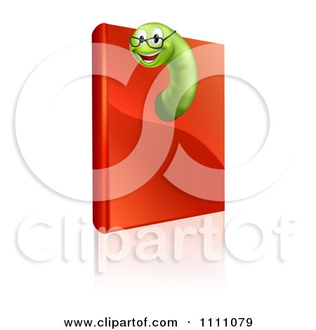 Clipart Green Worm Wearing Glasses And Poking Out Of A Red Book With A Reflection - Royalty Free Vector Illustration by AtStockIllustration
