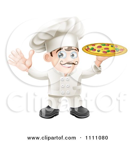 Clipart Happy Italian Chef Waving And Holding Up A Pizza Pie - Royalty Free Vector Illustration by AtStockIllustration