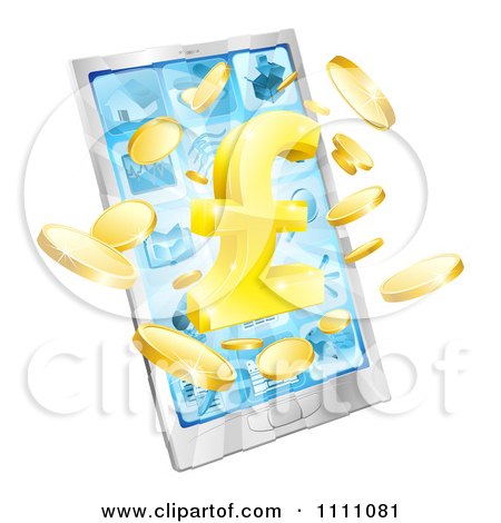 Clipart 3d Golden Pound Symbol And Coins Bursting From A Cell Phone Screen - Royalty Free Vector Illustration by AtStockIllustration