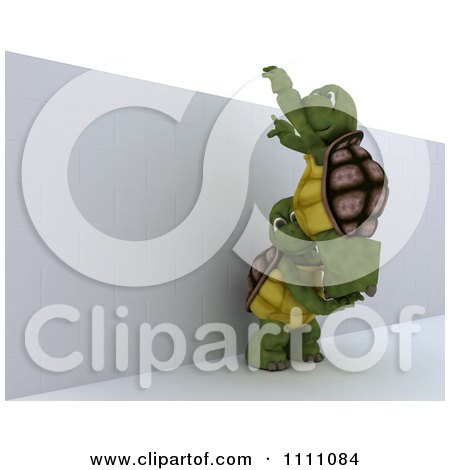 Clipart 3d Tortoise Helping Another Over A Brick Wall - Royalty Free CGI Illustration by KJ Pargeter