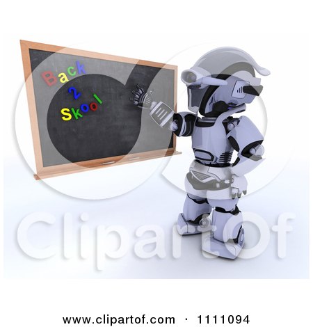 Clipart 3d Robot Teacher Presenting A Black Board With Back 2 Skool Magnets - Royalty Free CGI Illustration by KJ Pargeter