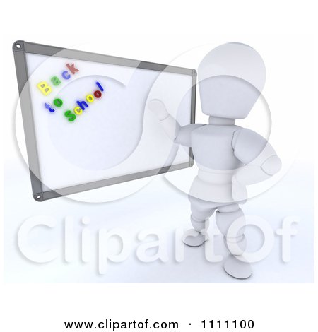 Clipart 3d White Character Teacher Presenting A White Board With Back To School Magnets - Royalty Free CGI Illustration by KJ Pargeter