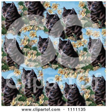 Clipart Collage Pattern Of A Cat And Flowers On Blue - Royalty Free Illustration by Prawny Vintage