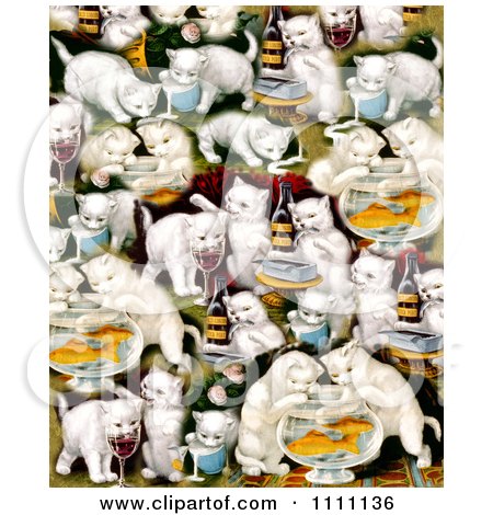 Clipart Collage Pattern Of Victorian Cats With Milk Wine And Fish Bowls - Royalty Free Illustration by Prawny Vintage
