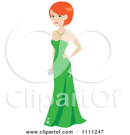 Clipart Beautiful Woman With Short Red Hair Posing In A Formal Green Gown - Royalty Free Vector Illustration by Rosie Piter